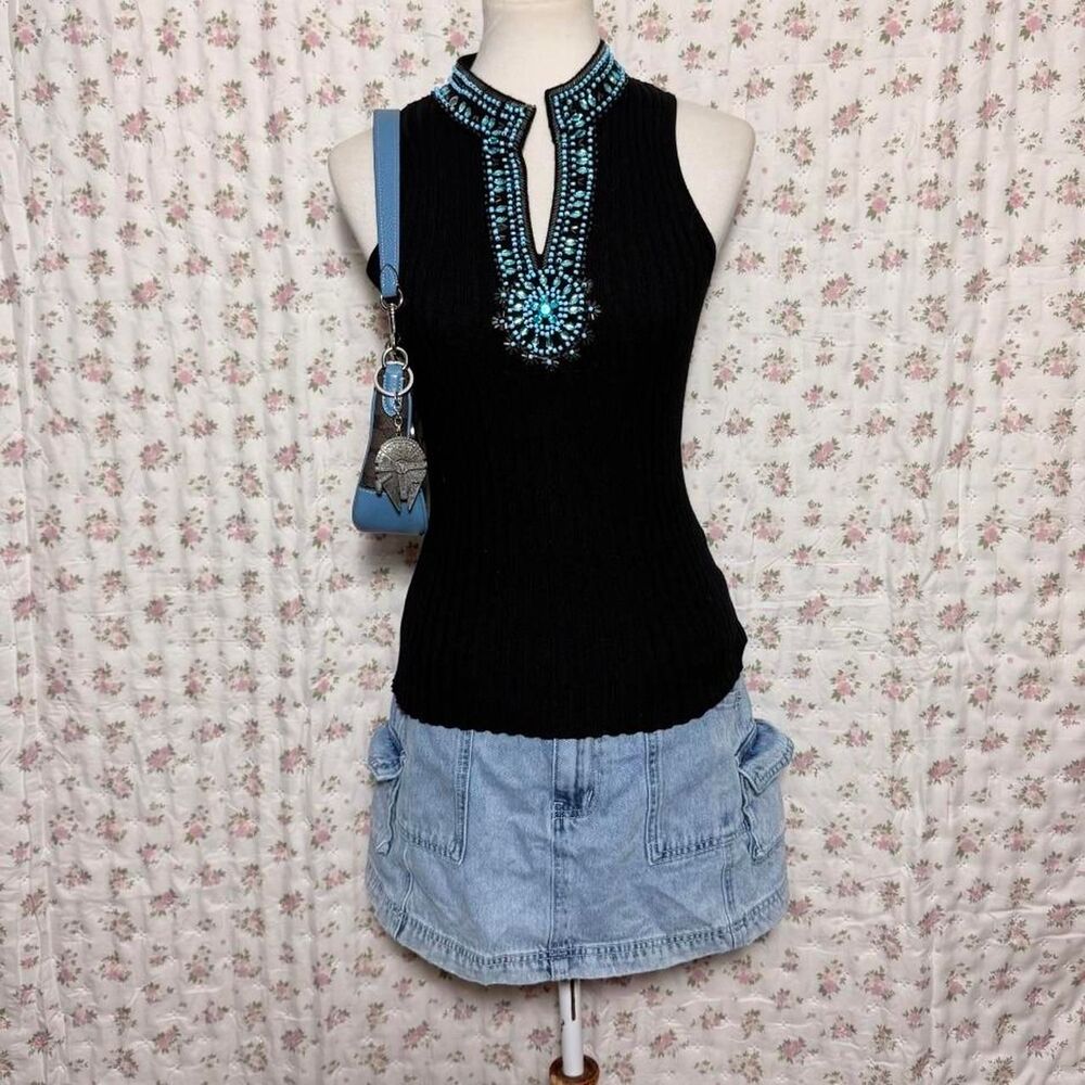 Belldini Knit Top Turquoise Beaded Embellished Stretchy Thick Material